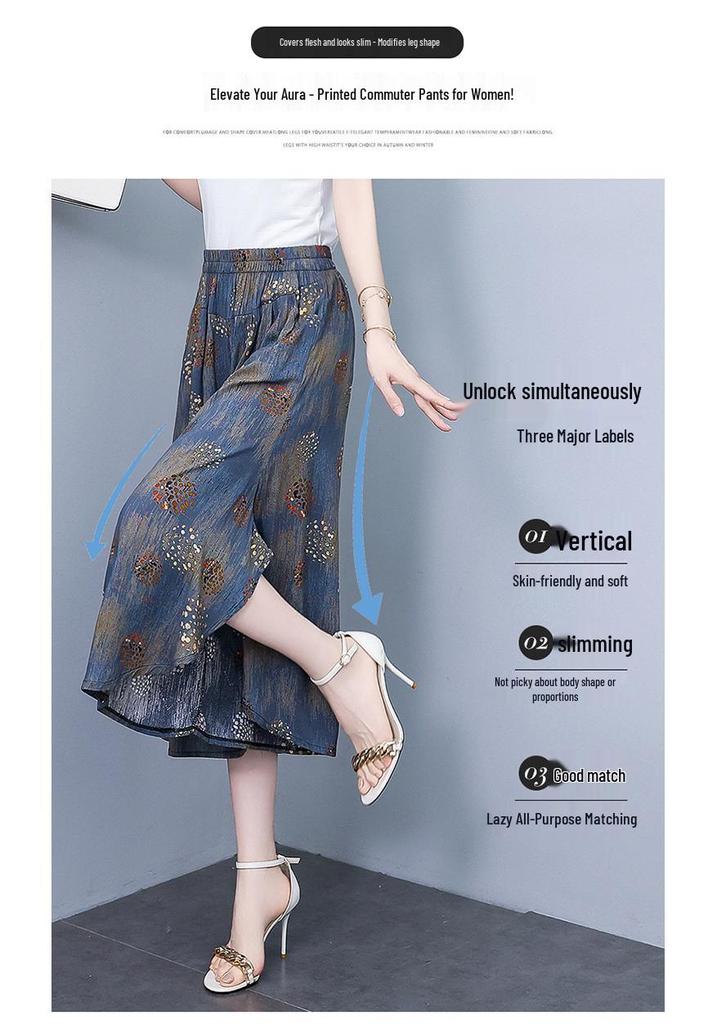 Women's Floral Cotton Silk Wide-Leg Skirt Pants - Summer Casual Elastic Waist, Plus Size, Lightweight Seven-Point Length.