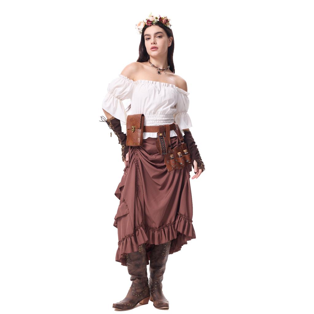 Women's Costume Off Shoulder Top Irregular Skirt Vintage Outfit With Decoration