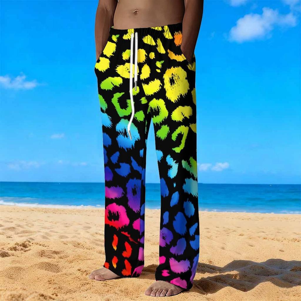 Men Black Base Rainbow Gradient Leopard Print Drawstring Straight Trousers With Side Pockets Eye Catching Bottoms