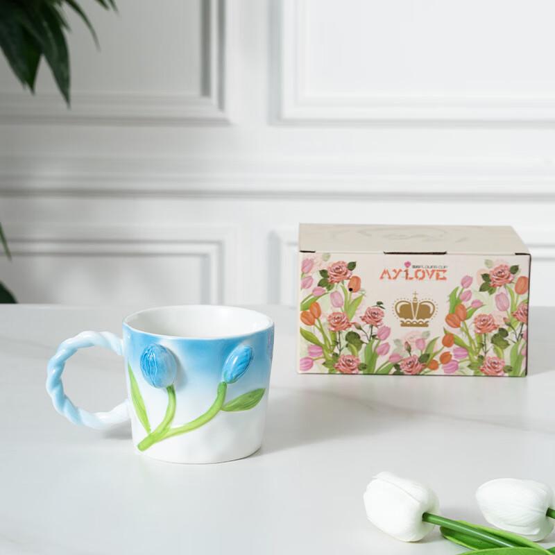 Керамическая кружка с 3D рельефом и ручной росписью  Тюльпан