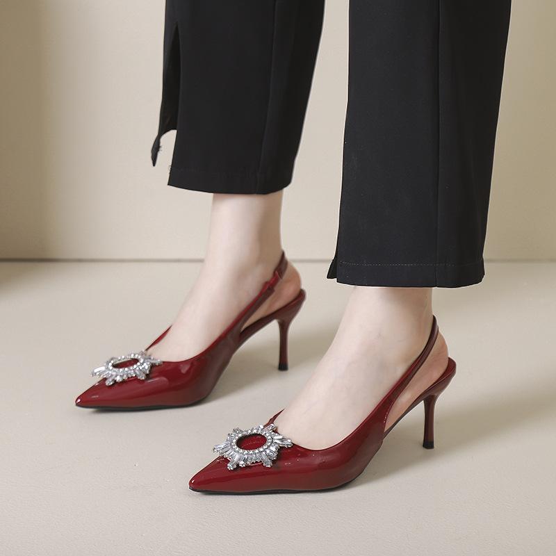 2025 spring new pointed thin heel patent leather bag head sandals temperament shallow mouth single shoes rhinestone pointed women's high heels
