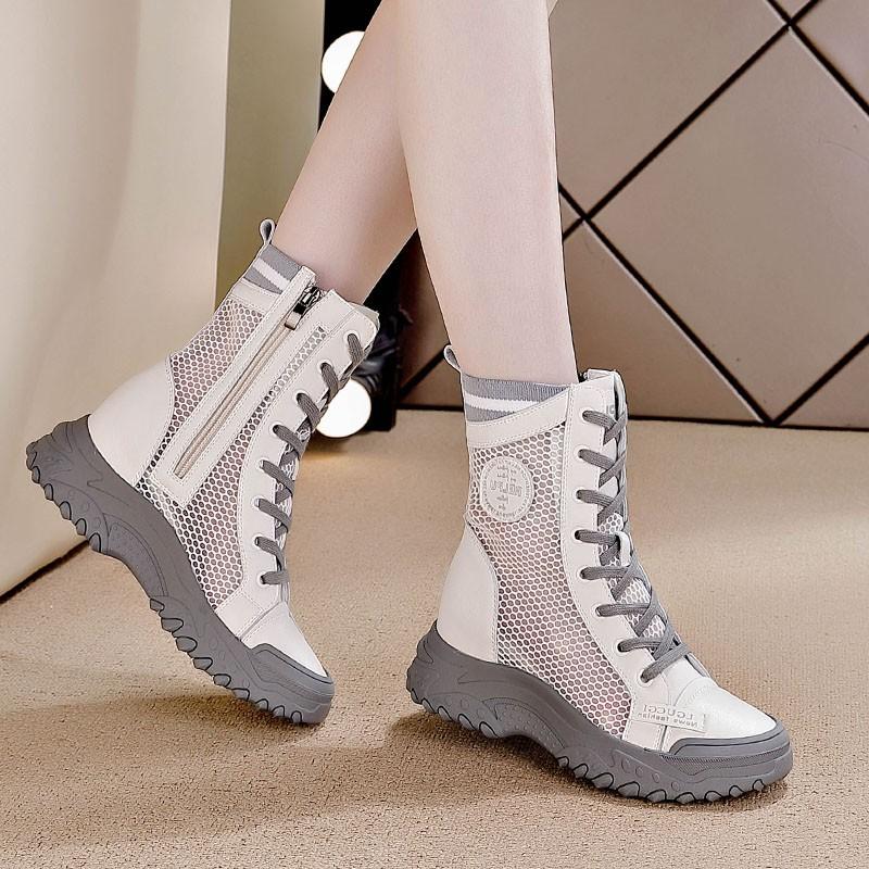 2024 Neue Mode Damen Frühling Sommer Stiefel Wadenhoch Erhöhter Absatz Kurz Atmungsaktiv Dünn Hohl Aus Freizeitstiefel