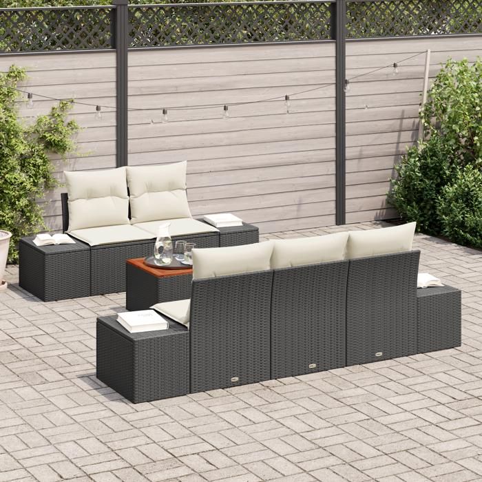 VidaXL Ensemble de 6 Canapés de Jardin avec Coussins Noir Poly Rattan Acacia 3347894