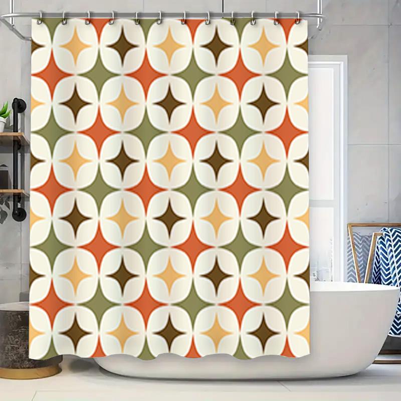 

Vintage Bath Curtain Classic Geometric Patterns Shower Curtain For Bathroom Decor In Green Rusty Orange Beige Floral Design 72X8 W60H190(CM)-1 Pcs