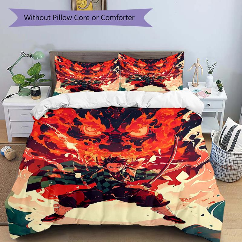 3pcs Demon Slayer Tanjiro's Quilt Cover Set - Soft & Comfortable Polyester Fabric, All-Season Breathable Comforter Set For 1 Quilt Cover & 2 Pill