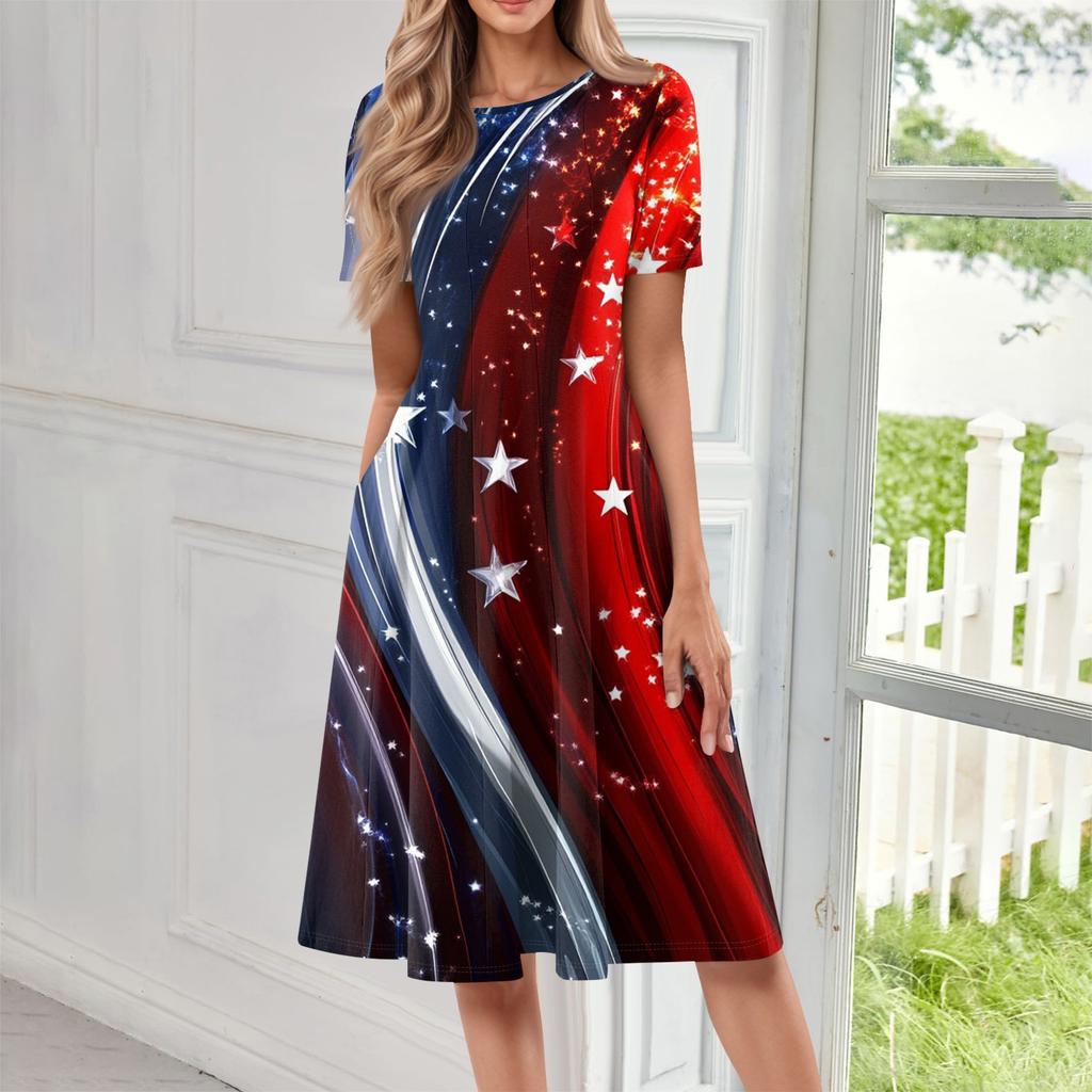 Women's Casual Fashion Round Neck Short Sleeve Print Midi Dress