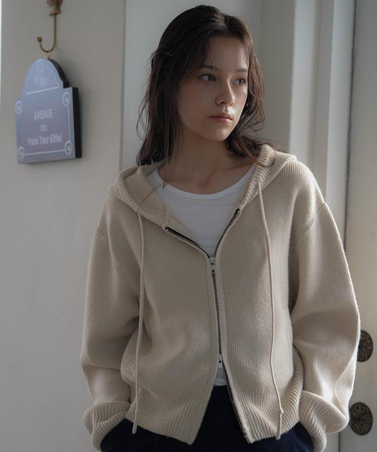 DEHEVE Two-Way Hood Zip-Up Knit [Beige]