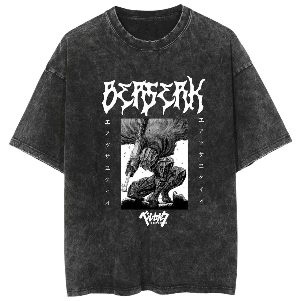 Fit Summer Berserk Stained Leather Washed Vintage Short Sleeve Tshirt Warrior Shirt Retro High Street Loose Cotton Top