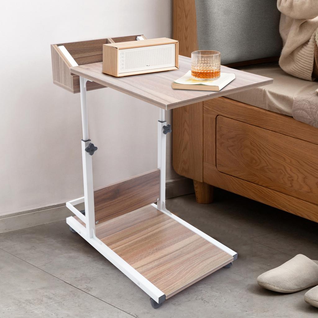 C-Shaped End Table with Wheels, Adjustable Height Sofa Side Table, Rolling Snack Table with Storage Shelf, Mobile Couch Table