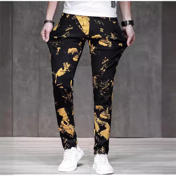 

New Men s Jeans With Gold Print Trend Slim Fit And Elastic Small Leg Mid Waist Flower Pants Trend 33 чорний