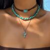 Western Beaded Layered Necklace Bohemian Clavicle Chain Turquoise Beads Pendant Necklaces  Gifts