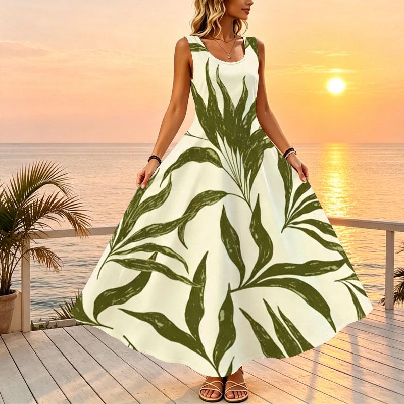 Bohemian Sleeveless Maxi Dress for Women Tropical Plant Print,Lightweight Flowy A-Line,Summer Beach Vacation Long Dress