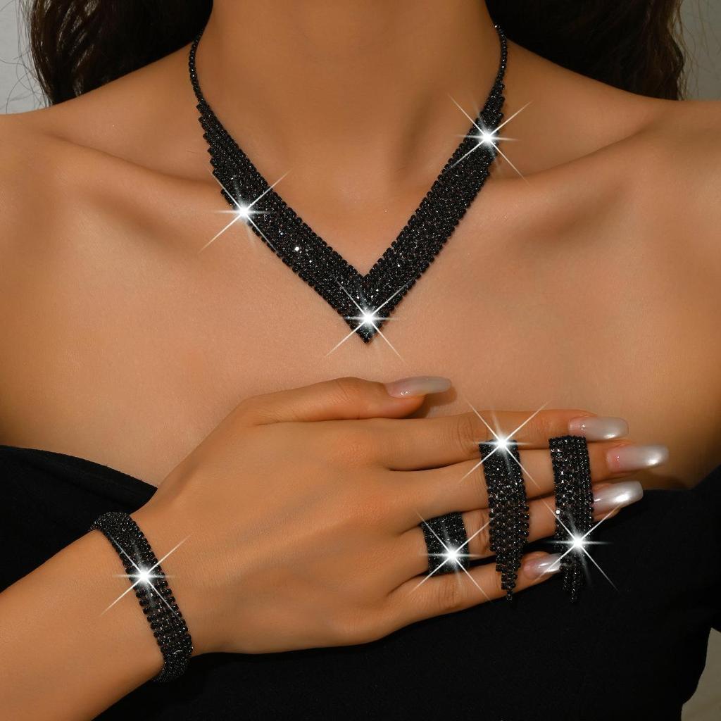 Luxury Diamond Jewelry Set: Shimmering Necklace, Tassel Earrings, Bracelet, and Ring for Brides