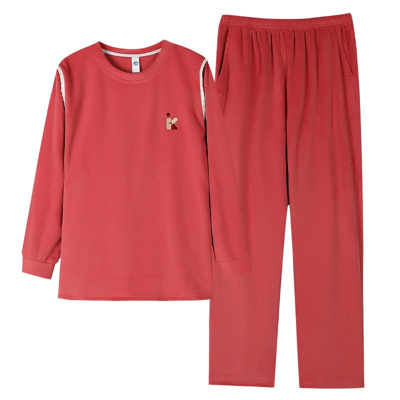 Coral Fleece Pajamas Women'S Autumn And Winter Fleece Thickened Round Neck Pullover Can Be Worn Outside Island Fleece Loungewear Set