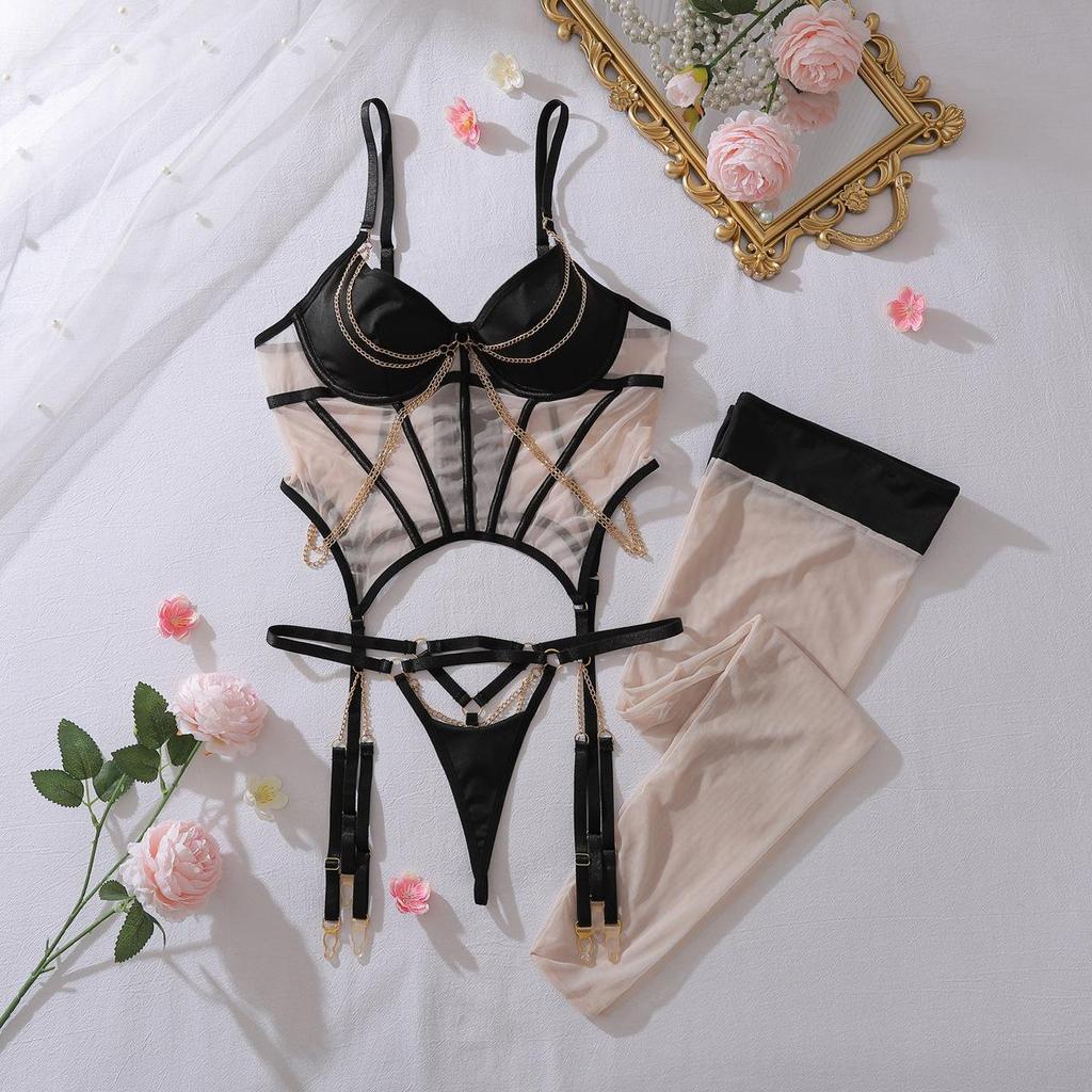 Damen Sexy Dessous-Set, Mit Metallkette Verziert, Durchsichtiges Netz Slim Fit Outfit Mit Strümpfen