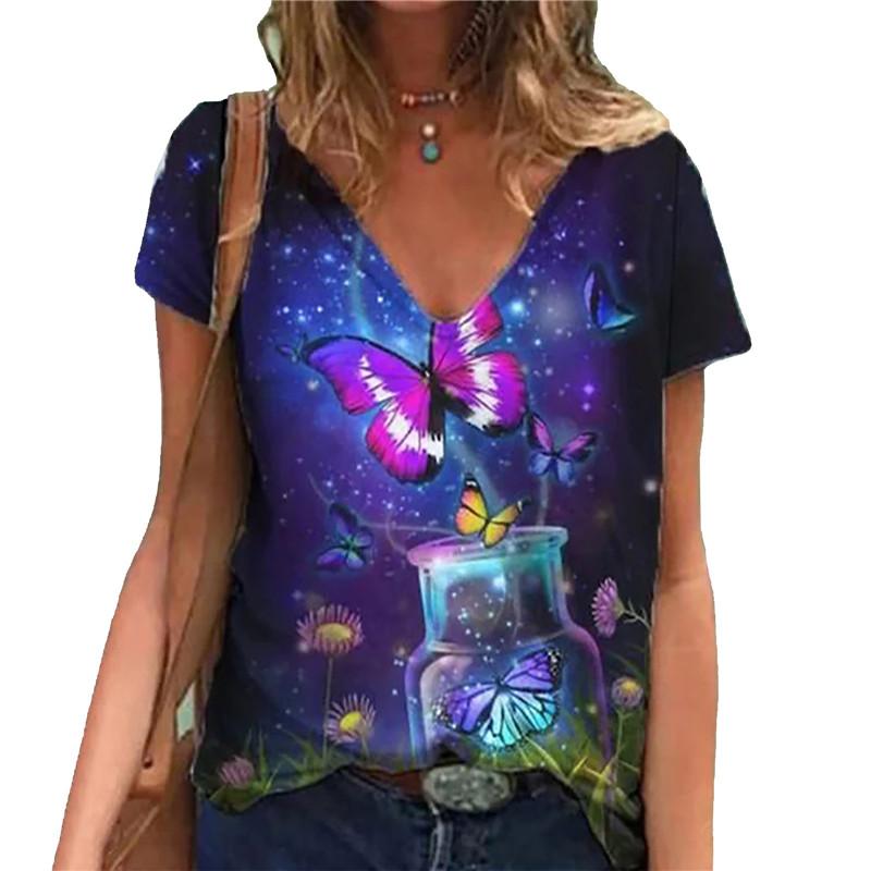 Oversized New 2025 Summer Women 3D Print Casual Street Hipster V-Neck Short Sleeve Clothing Loose