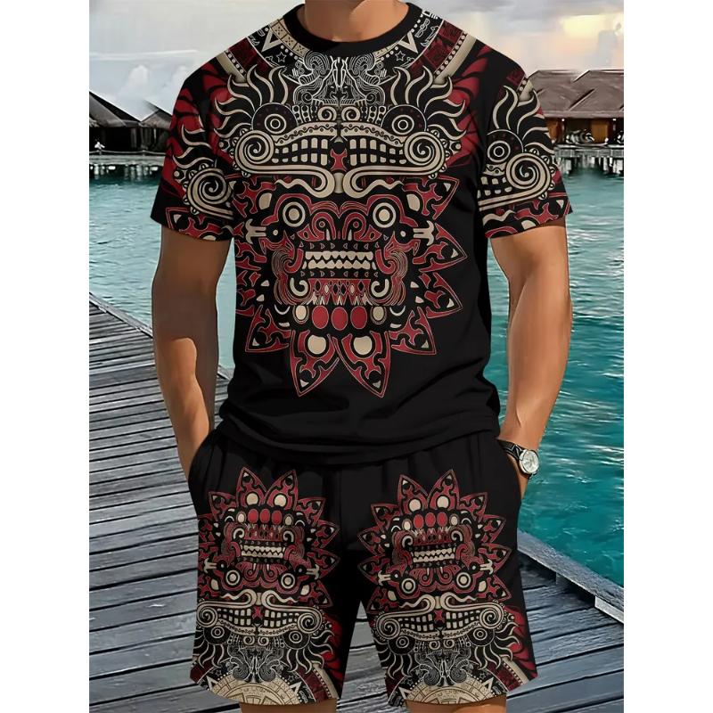 Fashion Men's Casual Suit 3D Casual Color Printing Summer T-shirt Shorts Simple