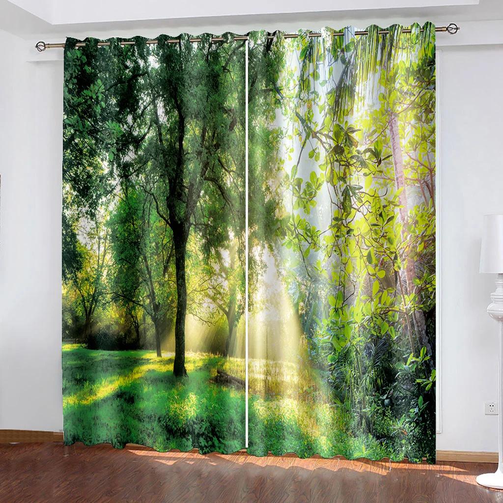Spring and Autumn Forest Scenery Series Sunshade Curtains 2 Pieces for Living Room Bedroom Home Decoration Hook Perforation