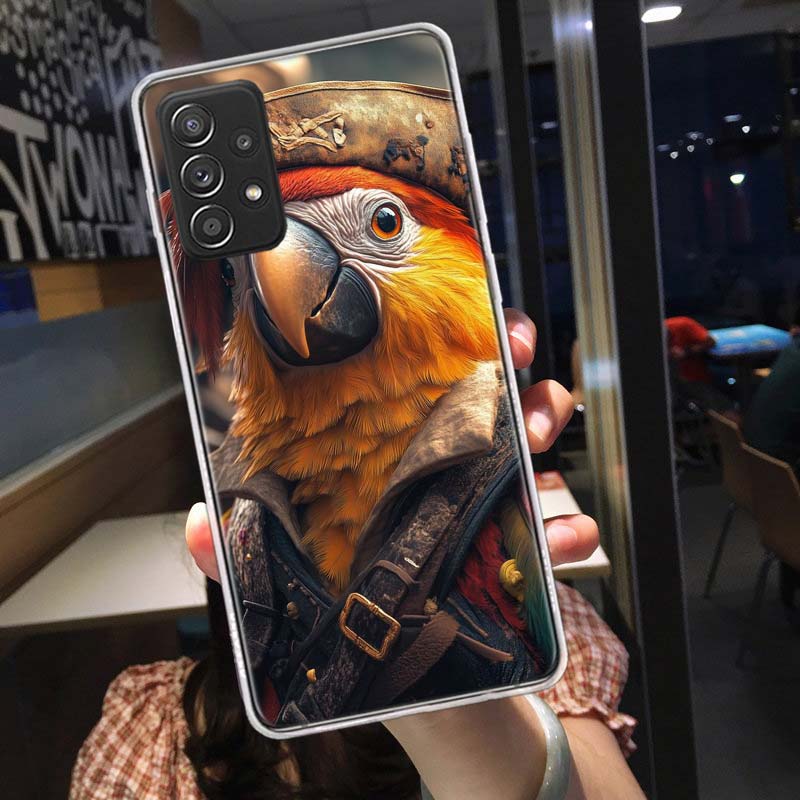 Macaw Pirate Phone Case for Samsung A54 A57 A37 A17 A14 A15 A12 A24 A34 A55 A35 A25 A52S A07 A05S A04S A22 A32 A72 Galaxy Note 2
