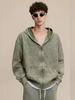 Men's Washed Terry Cloth Zipper Hoodie - 400g, European & American Style, Distressed, Loose Fit, Unisex