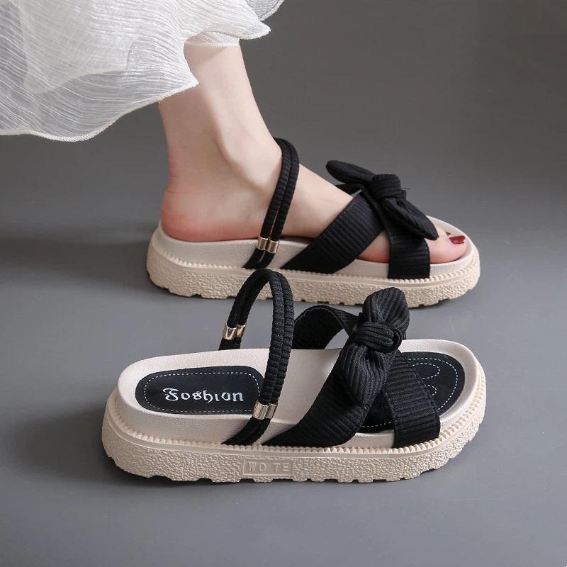 Women's 2-in-1 Platform Bow Sandals Summer Casual Sloping Back Flat Shoes Lightweight Beach Shoes