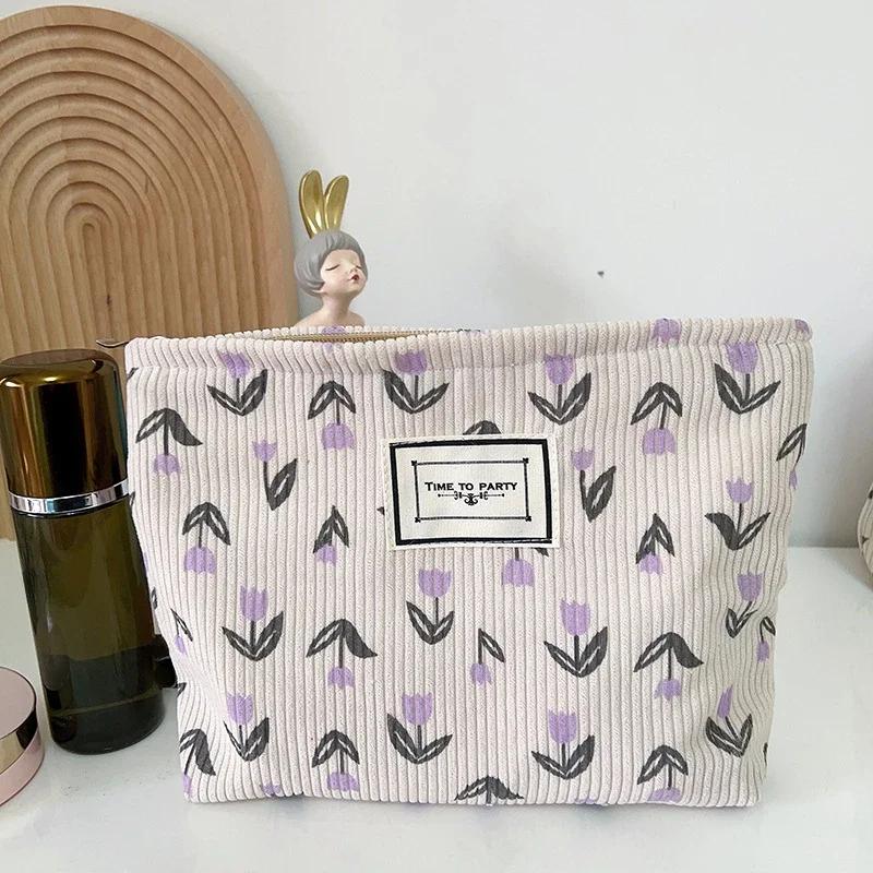 Women Corduroy Flower Handbag Cosmetic Makeup Bag Cases for Girls Portable Travel Storage Bag Zipper Wash Pouch Purse Organizer
