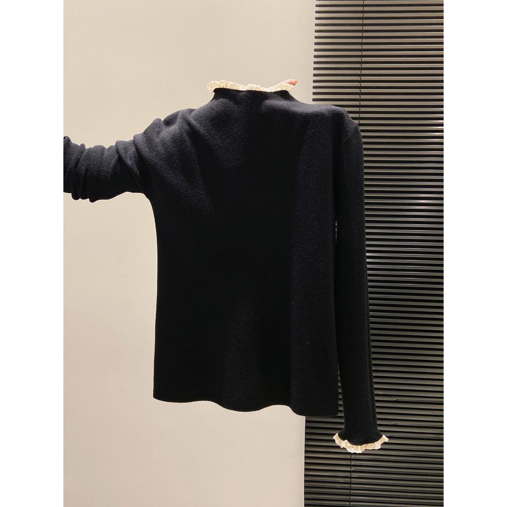 Semi-turtleneck Front Shoulder Long-sleeved Knitted Sweater Women's Autumn and Winter Lace Splicing Bottoming Shirt, Thin and High-end Inner Top