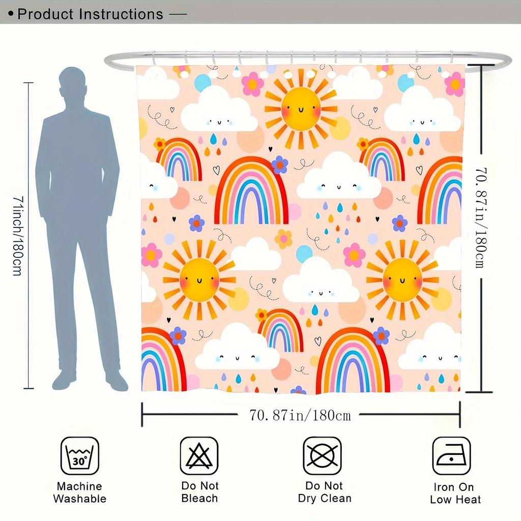 Sun Cloud Rainbow Cartoon Digital Print Shower Curtain - Machine Washable, Non-Woven Polyester,All-Season Bathroom/Home Decor