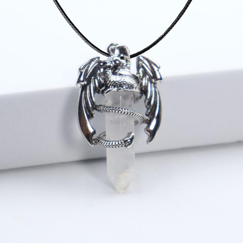 Animal Dragon Man Necklace Natural Gem Stone Healing Pink Quartz Hexagonal Crystal Pendant Vintage Jewelry for Women Gift