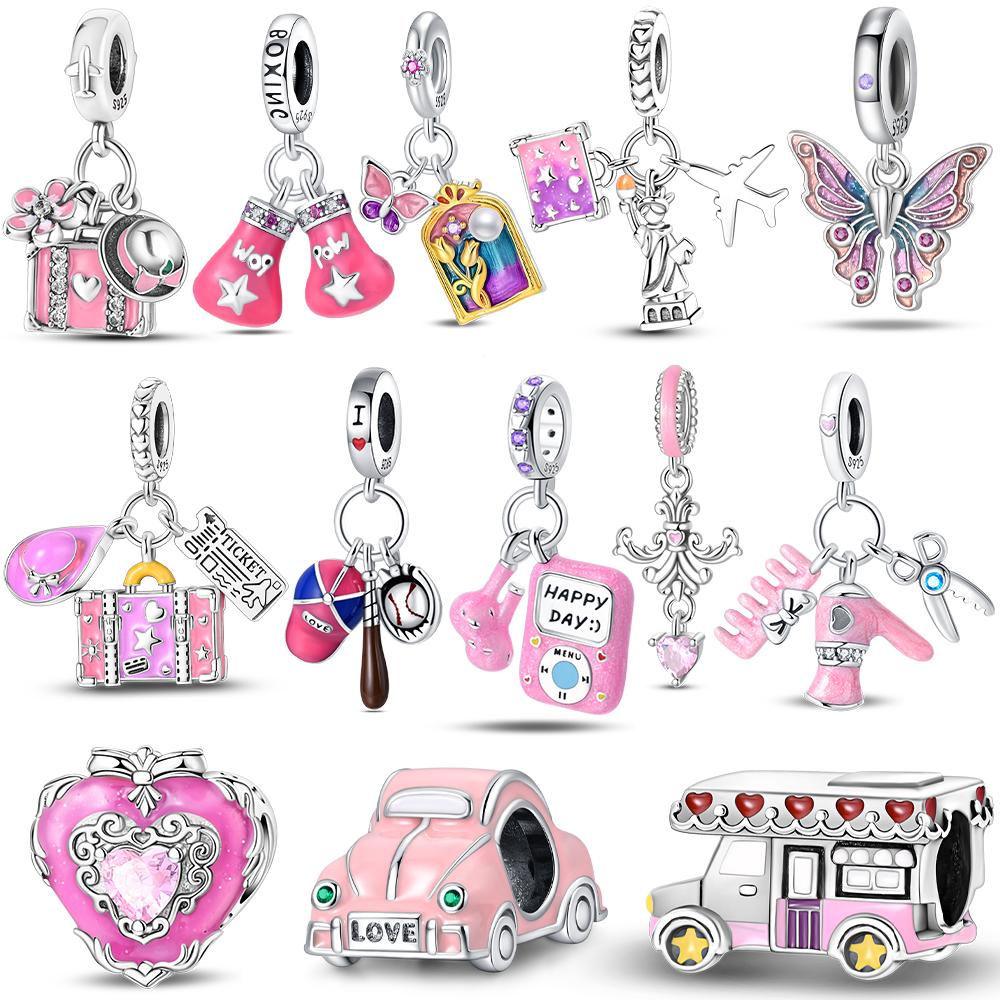 Charms Pink Car Butterfly Handbag Beads Fit Bracelet Copper Original Women Jewelry Fine Gift Diy Accessory