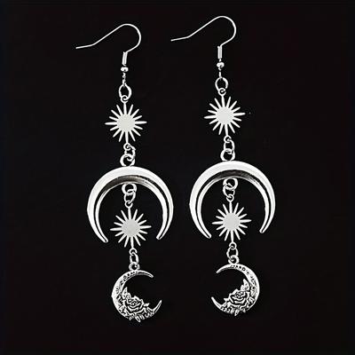 Silvery Sun Moon Flower Design Dangle Earrings Alloy Jewelry Goth Style Exquisite Gift For Women Girls Daily Casual