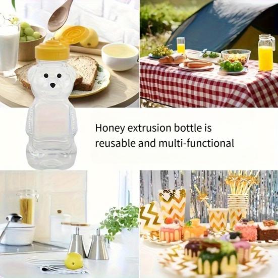 240ml Plastic Bear Honey Bottle Jars Empty Honey Squeeze Container with Flip-lid Reusable Bear Shaped Juice Bottle for Syrup Sauce Storing Dispensing
