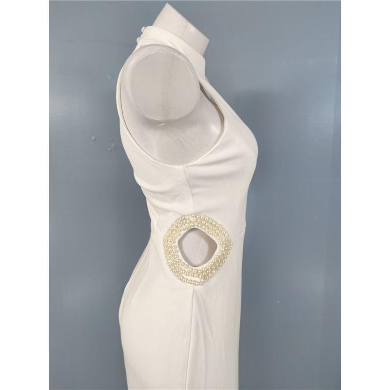 Export Single in Home Elegant Midriff Outfit Pearl Stitching Design Beautiful Banquet Stand Collar Party Dress Annual Meeting Dress