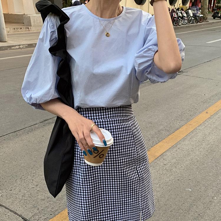 Casual Ladies' Shirt Shirt Women's Thin Round Collar Short Sleeve Bubble Sleeve Loose Pullover Student White Blouse Temperament Elegant Fashion Top