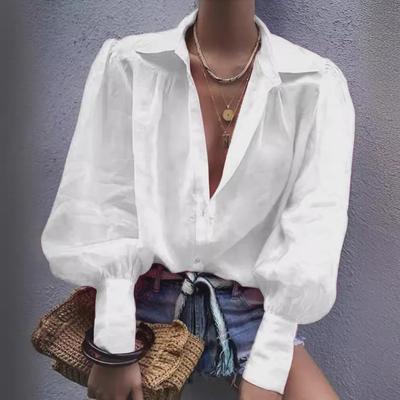 European and American Oversized Lantern Sleeve Solid Color Shirt with Suit Collar for Women - Autumn/Winter Collection
