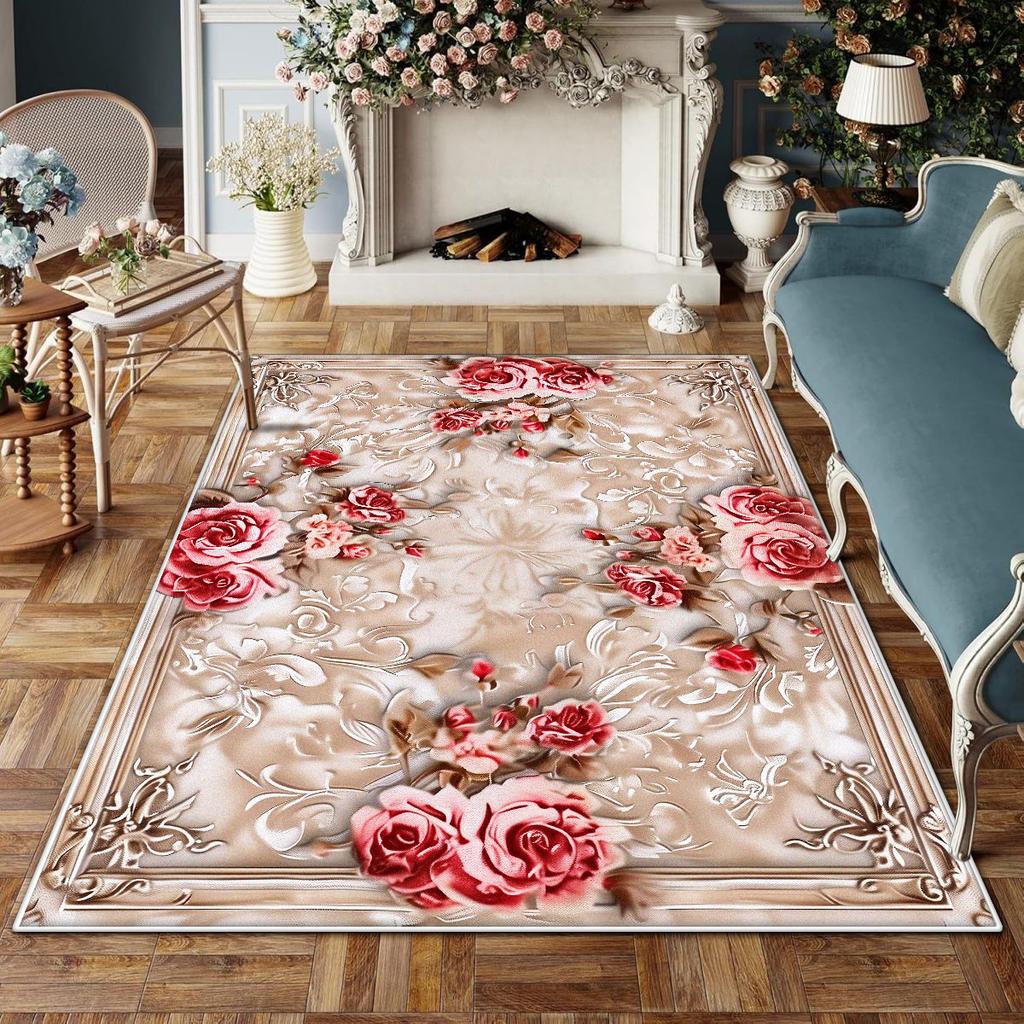 Europäischer Stil Rutschfest Großer Wohnzimmerteppich Blumendesign Raumdekoration Ästhetischer Schlafzimmerteppich Schminktischmatte Waschbar