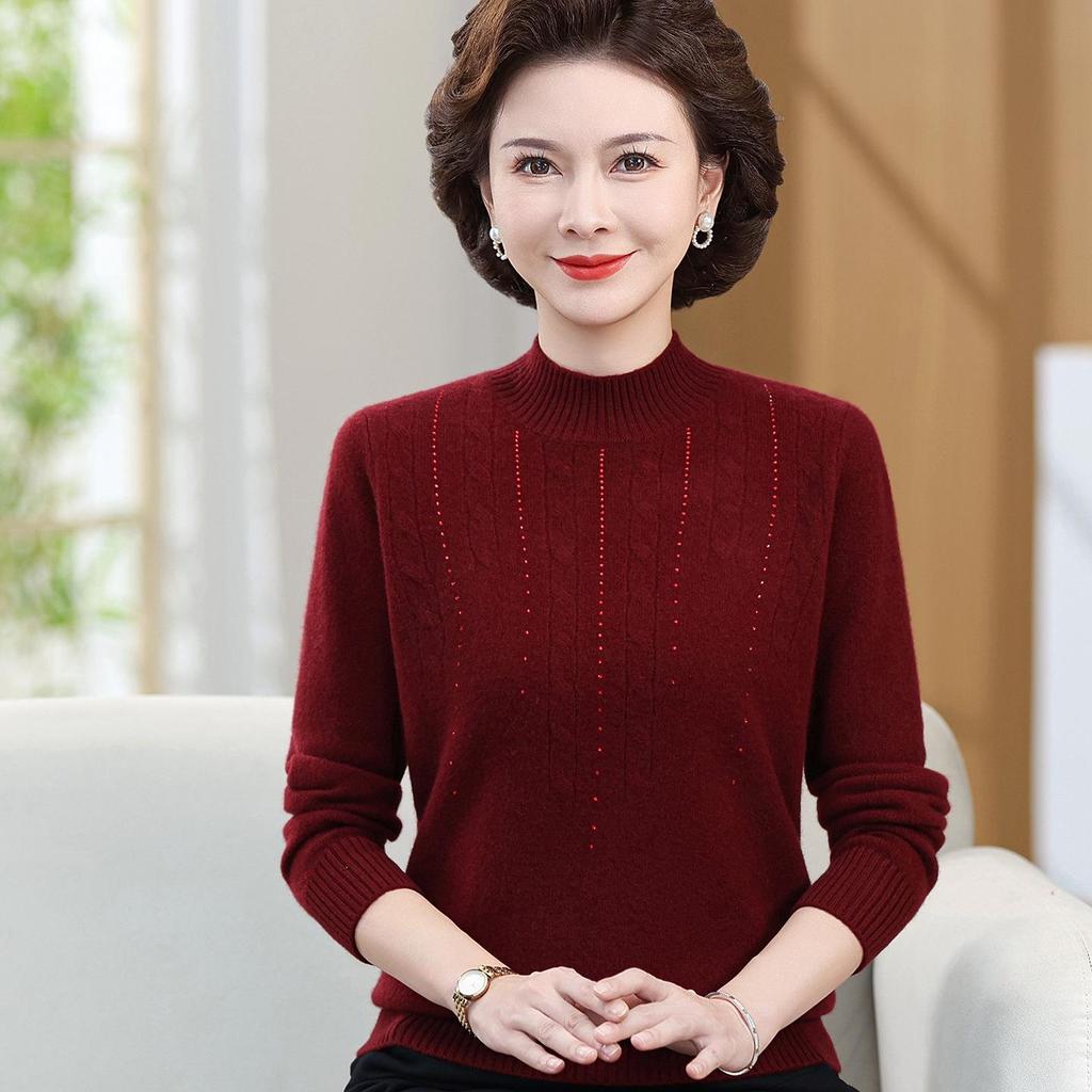 Luxuriöser Wollpullover für Frauen mittleren Alters und ältere Frauen – Dick, Ganzkörper, Halboher Kragen, Perfekt für Herbst und Winter.