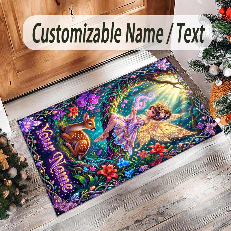 Forest Theme Crystal Velvet Floor Rug Personalized Custom Name Text Warm Carpet Home Decoration