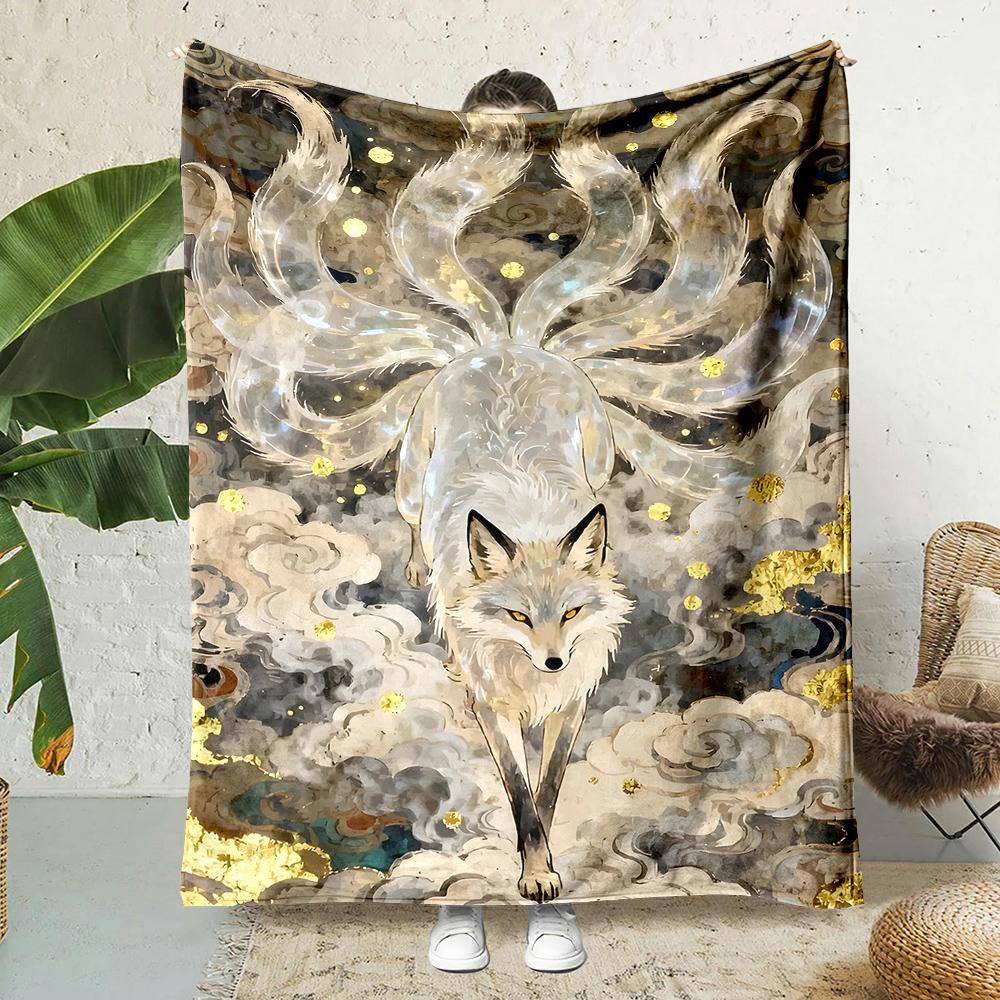 Nine tailed fox cloudscape gold leaf glow Print Blanket Warm Soft Fluffy s Adult Sofa Bed Throw Outdoor Travel Camping RV