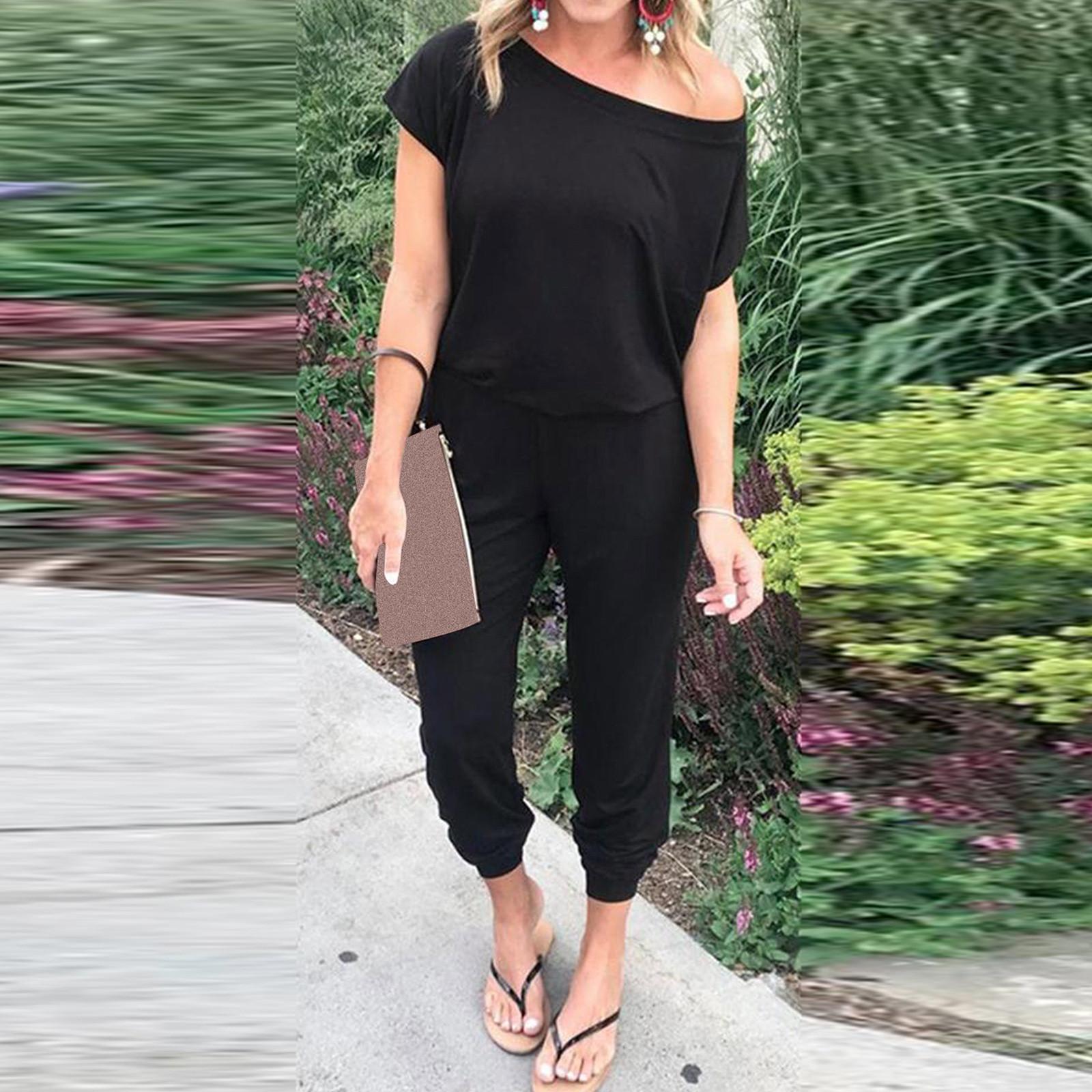 

Женский свободный однотонный эластичный длинный комбинезон с открытыми плечами и эластичной резинкой на талии с карманами XXL