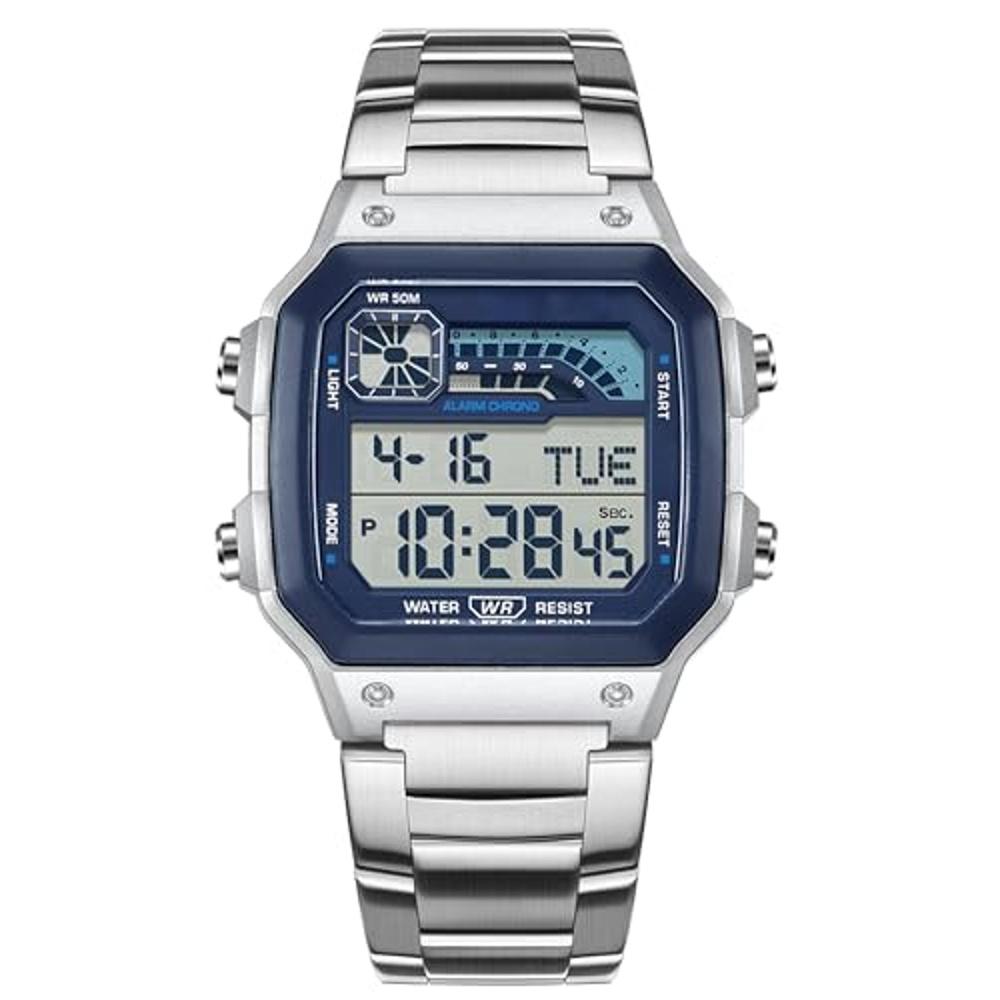 

Men s Digital Watch Multifunctional Sports LED Backlight Luminous Display Dual Time Stopwatch Alarm Clock Waterproof Shockproof Stainless Steel 5ATM