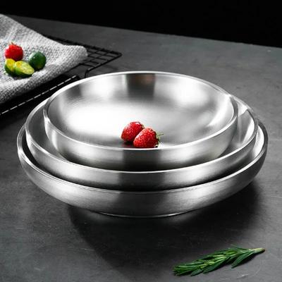 Food Grade 304 Stainless Steel Dishes Plate Household Double Layer Insulation Dishes Tray Anti Scalding Tableware Dishes Pan