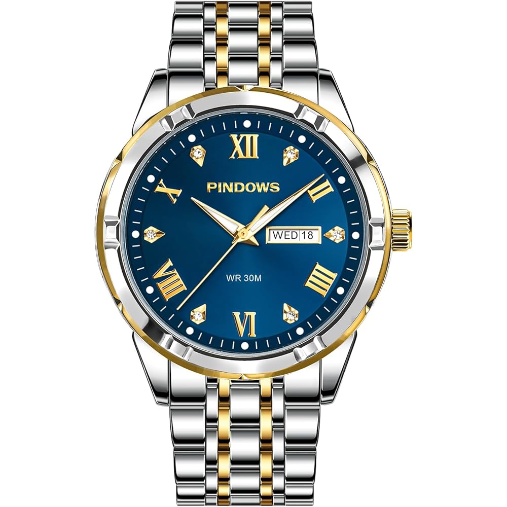 PINDOWS Men s Business Watch Calendar Display Stainless Steel 3ATM Water Resistant Analog Quartz Fashion Gift