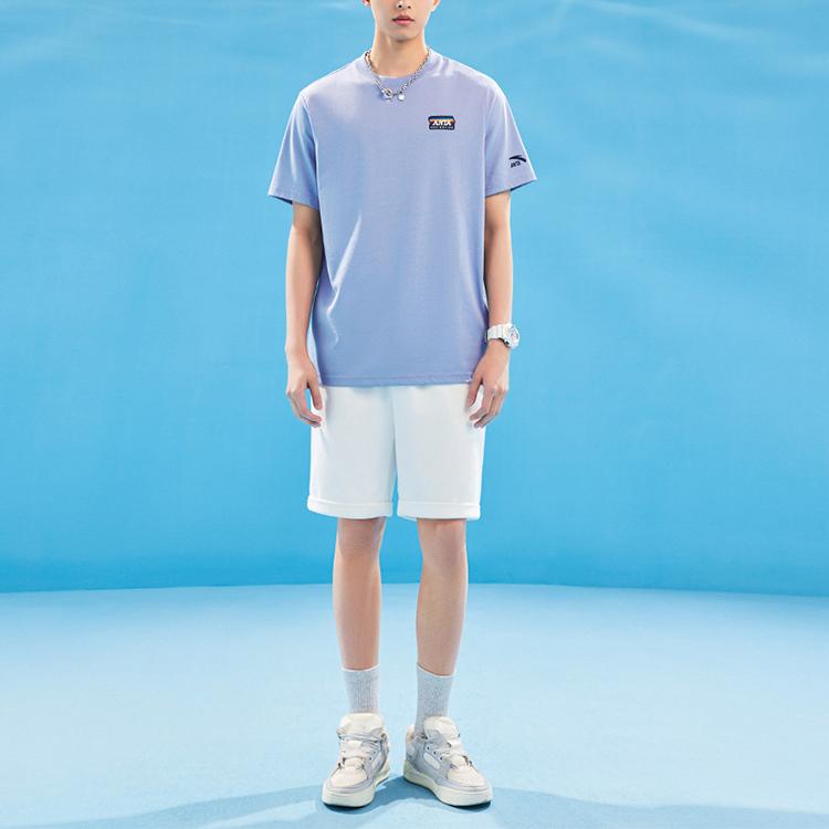 Anta Solid Color Round Neck Pullover Short Sleeve T-Shirt Unisex Tops Light-Water-Purple 152328107-2