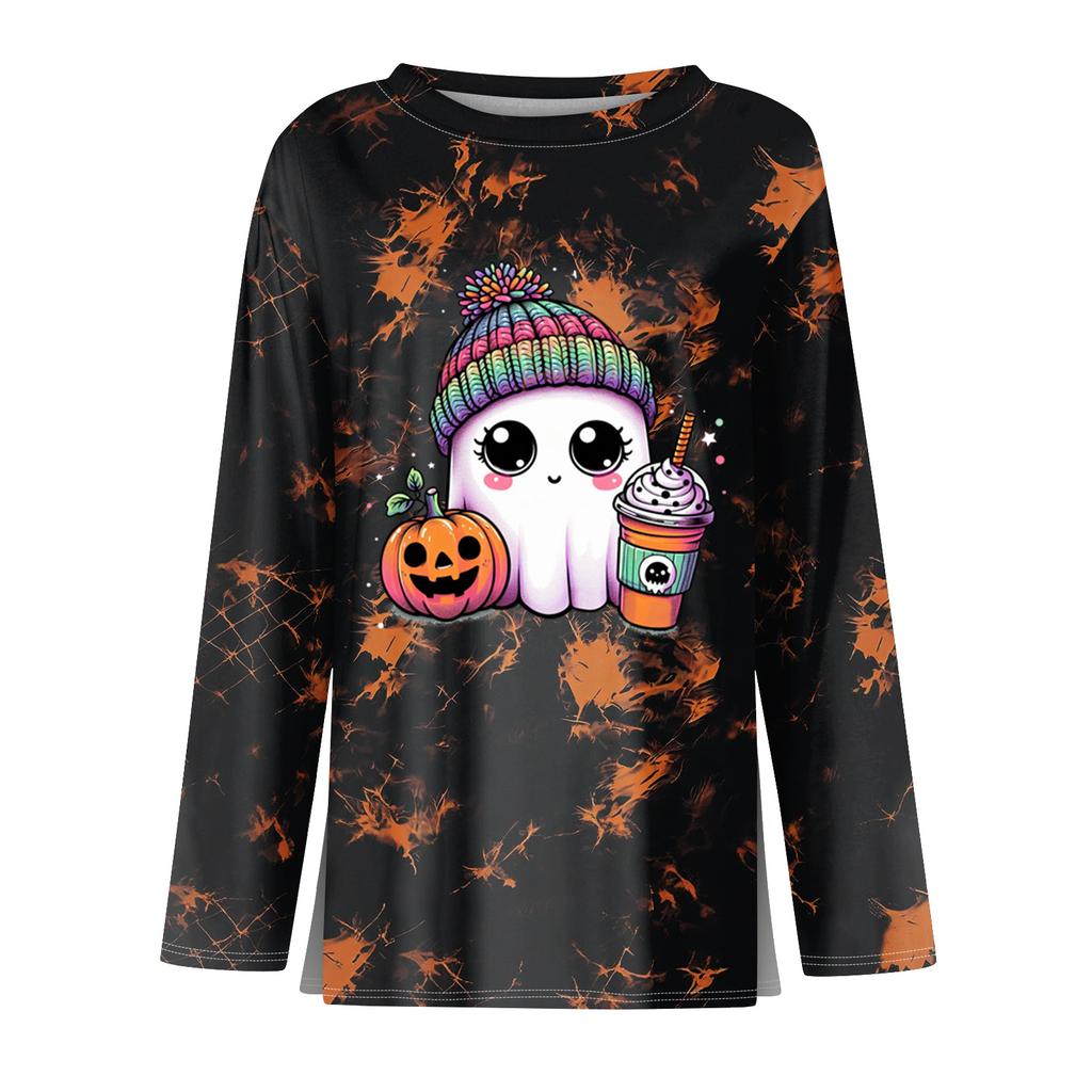 Women's Fashion Long Sleeve Tunic Top with Halloween Print and Side Slits - Round Neck Blouse for Party