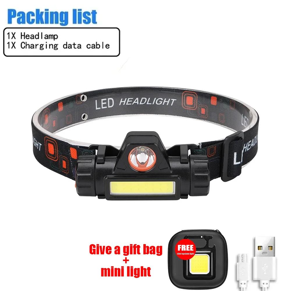 Q5+COB Mini Led Zoomble Headlamp Usb Rechargeable Portable Headlight 18650 Built-in Battery Outdoor Fishing Camping Head Lantern