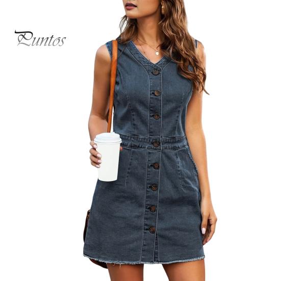 

Женское облегающее джинсовое платье без рукавов, повседневное мини-джинсовое платье с V-образным вырезом и пуговицами, летнее платье-комбинезон с карманами XL