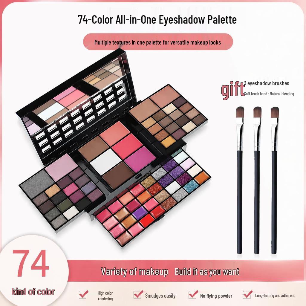 74-Color Makeup Palette: Glitter Eyeshadow, Blush, Foundation, Cream Lipstick Set