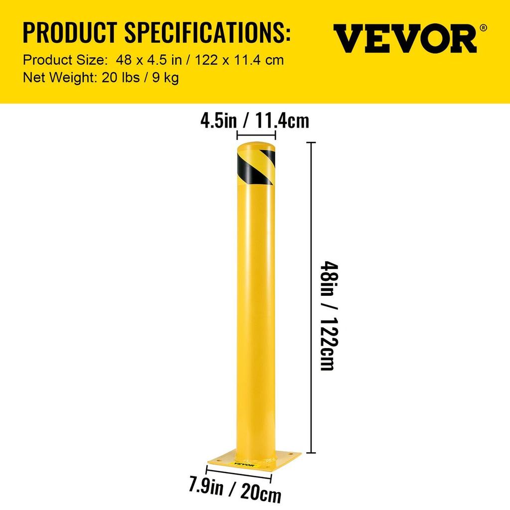 Safety Bollard 48"x4.5" Safety Barrier Bollard 4-1/2" OD 48" Height Yellow Powder Coat Pipe Steel Safety Barrier with 4 Free Anchor Bolts for