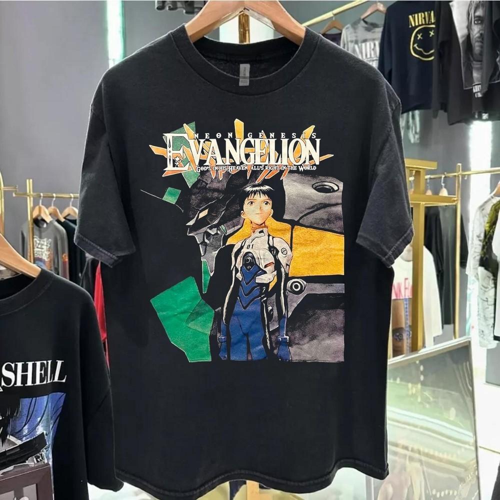 

90s Rare Black tee Neon Genesis Evangelion Short Sleeve T shirt NH25277 Unisex T-Shirt L